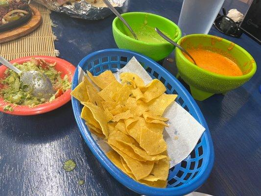 Green and red "salsas" on the right with good chips and guacamole.