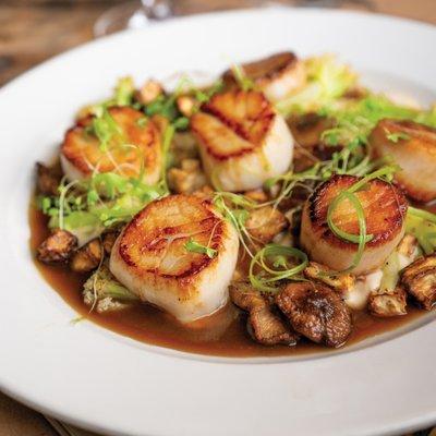 George's Bank Scallops with  celery root, roasted mushrooms, scallions, young cauliflower