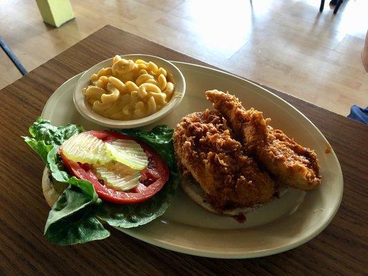 Nashvillehot chicken sandwich (I added tomato and lettuce) and a side of mac & cheese