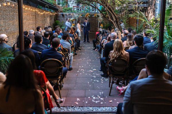 The garden, set up for a wedding ceremony.