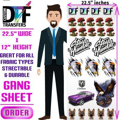 Order you custom DTF transfer gang sheets at www.custom-dtf-transfers.com or order with apparel and 3 stage heat press on our apparel site.