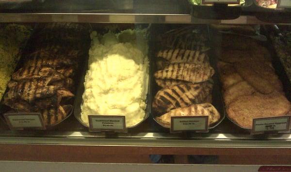 From left to right: BBQ chicken, mashed potatoes, grilled chicken, & breaded fried chicken.