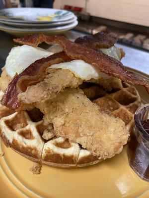 Chicken n waffle add bacon and eggs