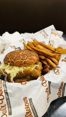 Spicy Chicken Sandwich with Beer Battered Fries.