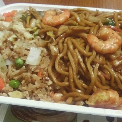 Shrimp lo mein and fried rice combination platter.