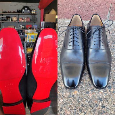 Red bottom sole protectors on Christian Louboutin and a full shoe shine treatment.