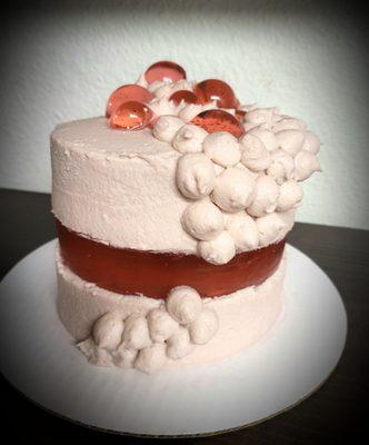 Raspberry Cake w/Raspberry Buttercream Rosé Jello Center.