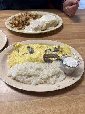 Gyro omelet with grits. Loaded biscuit special with hash browns.