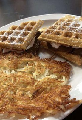 S'mores sandwich with a side of hash browns.