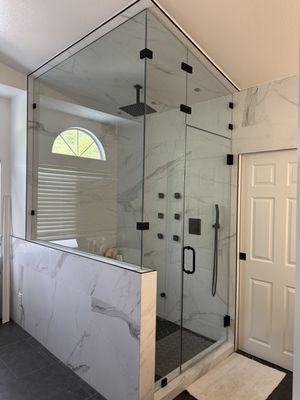 Frameless steam shower with 3/8" clear tempered glass