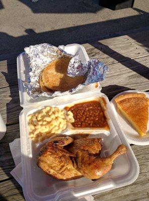 Chicken Plate with Mac N Cheese, baked beans and flap jacks.