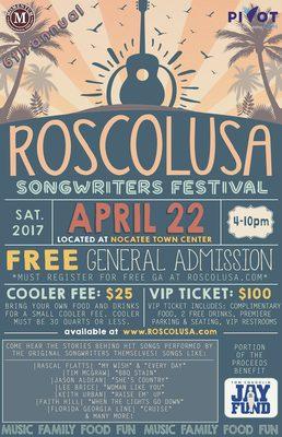 Roscolusa Songwriters Festival at Nocatee Town Center April 22, 2017 4-10pm. Music, Kids Zone, Food Trucks & FUN!