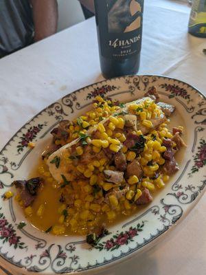 Halibut over sweet potato with succotash