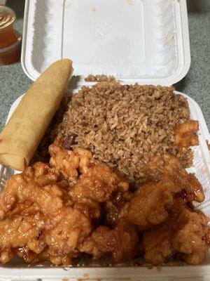 General Tso's with rice and spring roll.