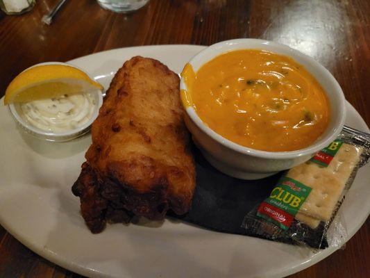 Fish and chips. Replaced chips with chicken tortilla soup. Both very good!