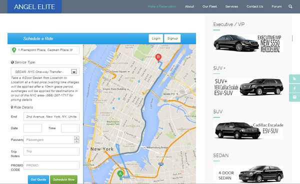 A look at the reservation app on the Angel Elite car and limousines service website.