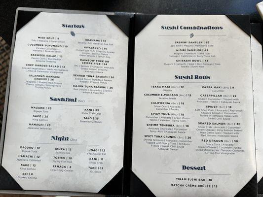 Dinner menu