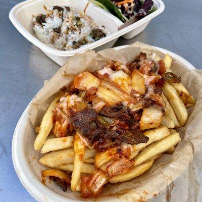 Bulgogi Kimcheese Fries (front) & Bulgogi Roll (back)