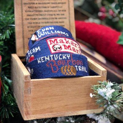 The Kentucky Bourbon Trail needlepoint belt by Smathers & Branson is available now at Logan's in Lexington Green.