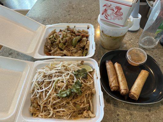 Pad Thai, drunken noodles, green curry and eggrolls.