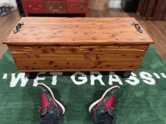 Took a sub $100 cedar chest and made it into a lift top coffee table for the living room.  Thank you Nick.