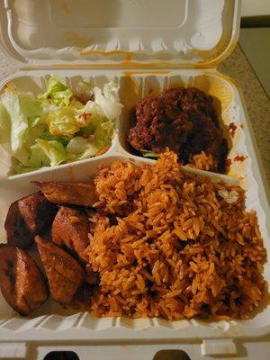 JOLLOF RICE,  PLANTAIN, BEEF STEW (BARELY), SALAD