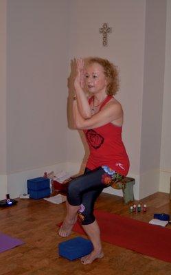 Going into eagle pose fosters many crossovers of the midline which helps connect left and right sides of the brain according to Donna Eden.