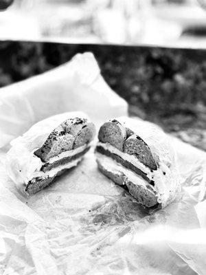 Sausage egg and cheese bagel with cream cheese