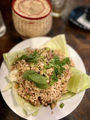 Laab Gai , Laab Moo  or Laab Neua  (Lao Style - Minced Meat Salad) -- minced chicken salad