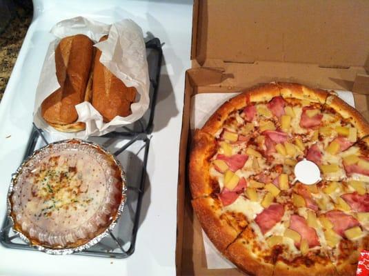 Pizza dinner deal, Hawaiian style large pizza, garlic bread, and lasagna :)