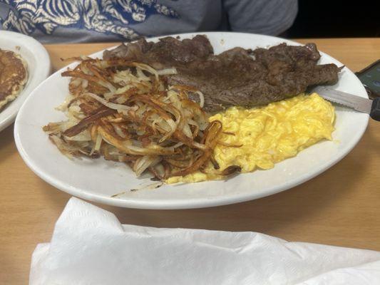 Steak and eggs.