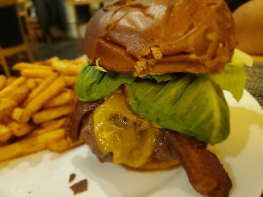 Bacon cheeseburger and yummy fries.