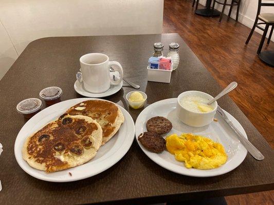 Marilyn Starter Breakfast  Banana Pancakes, Turkey Sausage and Scrambles Eggs w/Cheese