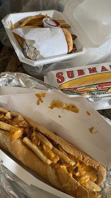 Cheese burger and fries (top) and bow wow dog (bottom)