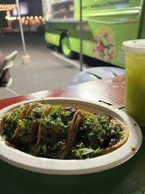 4 tacos (carnitas, chorizo, al pastor, asada) + pineapple spinach agua fresca DELISH!!