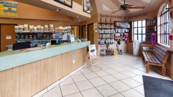 Our reception area. Including Clawd's Corner with Claws & Paws products.