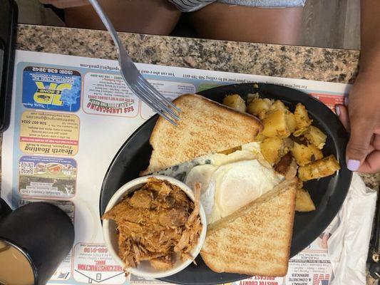 Three Egg Breakfast with Caciola, toast, and homefries