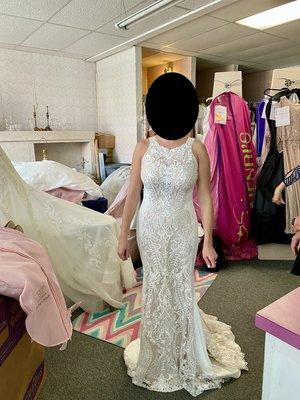 Dress with pins in it at appointment (lace flipped under...check out the pattern, it should have changed with alterations)