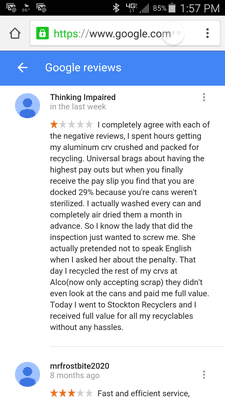 Please note this is a screen capture of a review about Universal and how it compares with Stockton Recyclers.