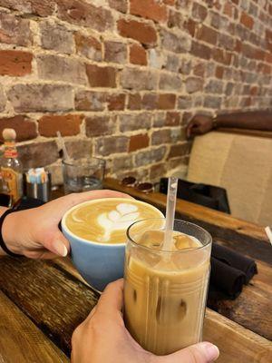 Latte and iced white chocolate mocha with oat milk