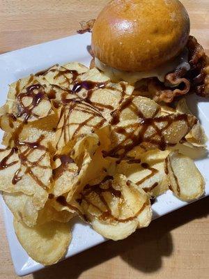 @Alley Oops Bacon Pepper Jack Chicken Sandwich with house chips drizzled with a balsamic vinaigrette & grated parmesan