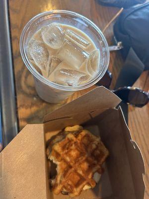 Sausage And Egg On A Maple Waffle Strawberry Chai Latte