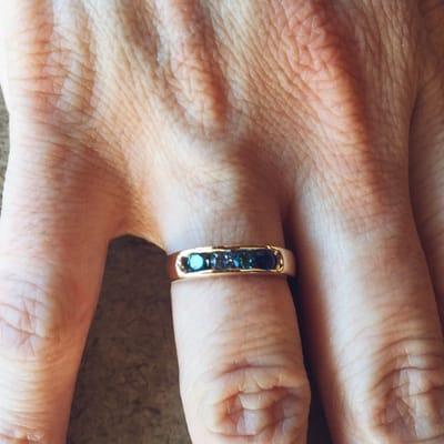 Mother' Ring cast from repurposed gold. Stones: sapphire, blue zircon, aquamarine, & a blue diamond