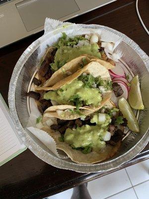 Al Pastor and Carne Asada on soft corn tortillas for lunch today. Very delicious. Will return over and over in the future.