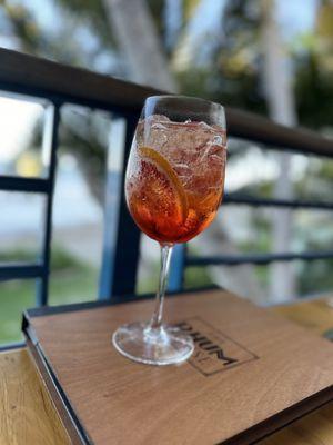 Aperol spritz with blood orange slices.