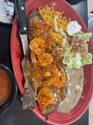 Then steak, shrimp, refried beans and rice