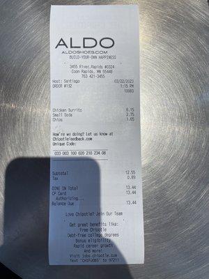 Receipt from Chipotle, except they changed their name to Aldo Shoes.