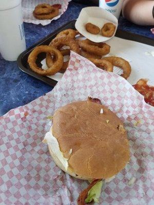 Bacon cheeseburger and onion rings