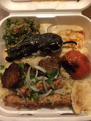 Beef and Chicken Combo Plate with two sides- hummus and tabbouleh.