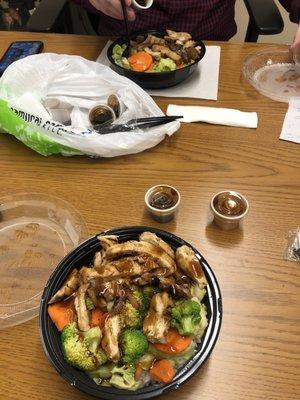 Farthest is steak and chicken mix. Both large size teriyaki bowls.